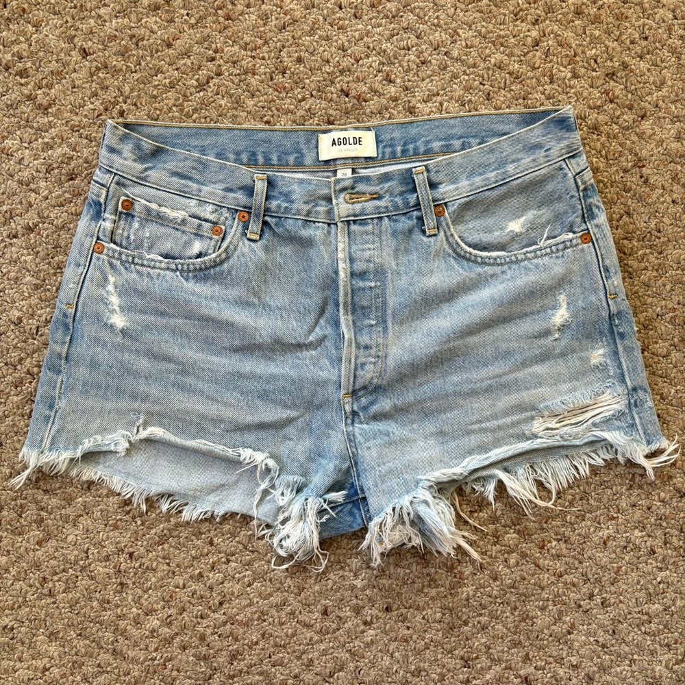Agolde Light Blue Distressed Denim Jean Shorts